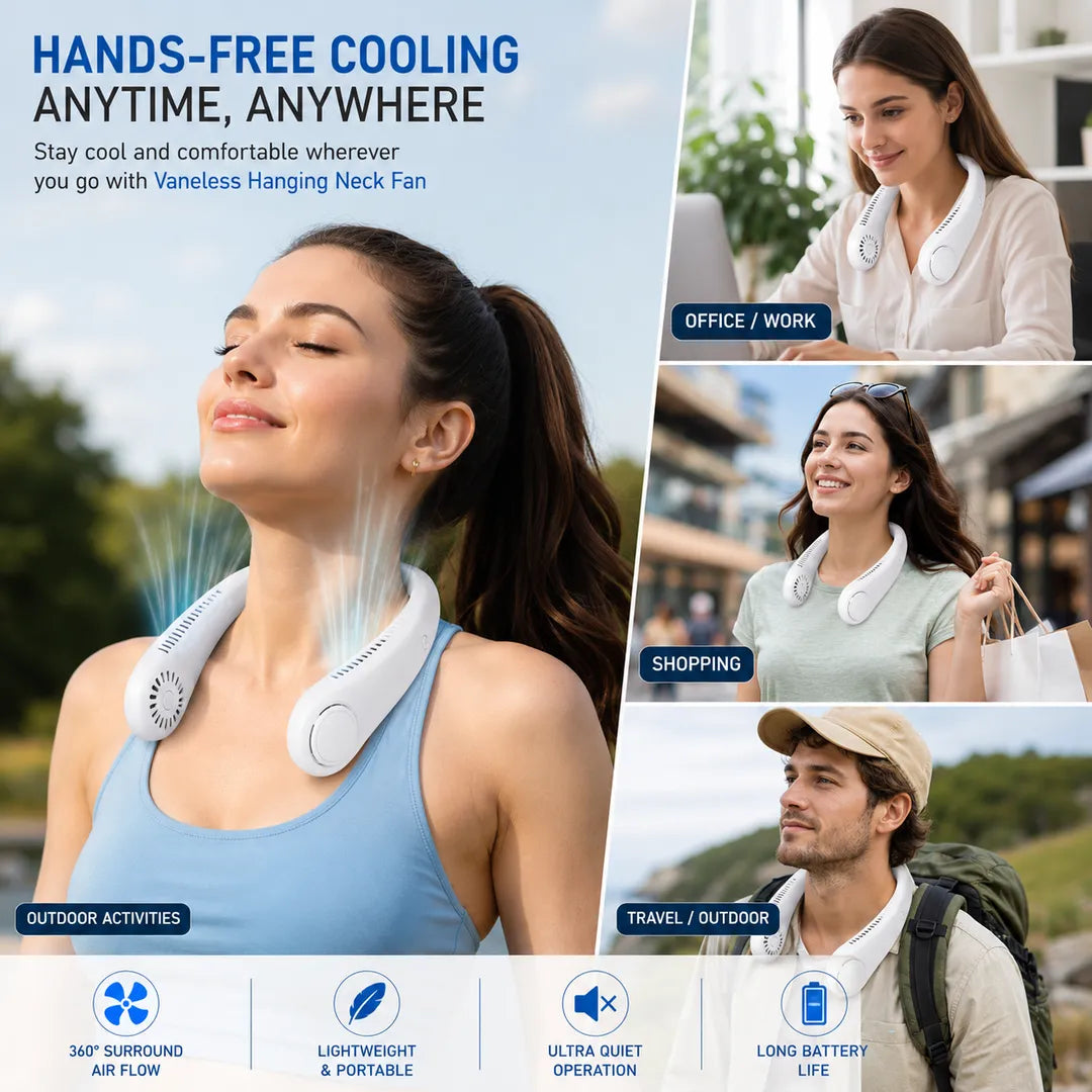 Vaneless Hanging Neck Fan, Portable Bladeless Rechargeable Wearable Cooling Fan