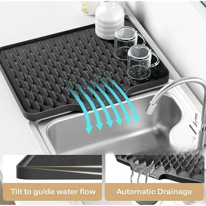 Self-Draining Silicone Dish Drying Mat, Sink Counter Drainer Tray with Automatic Drainage