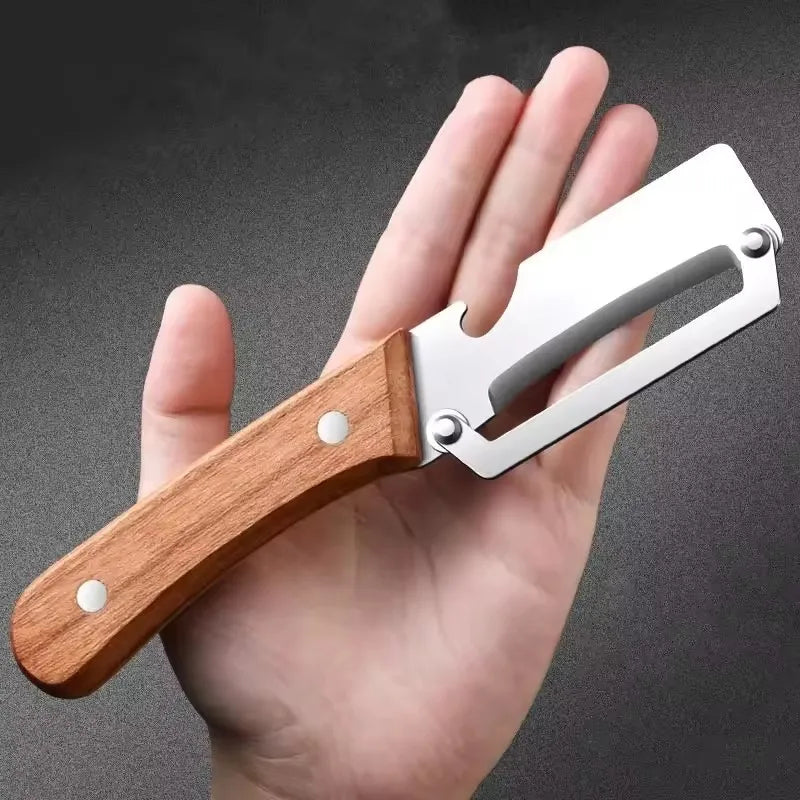 Stainless Steel Fruit and Vegetable Peeler with Wooden Handle, Built-In Bottle Opener