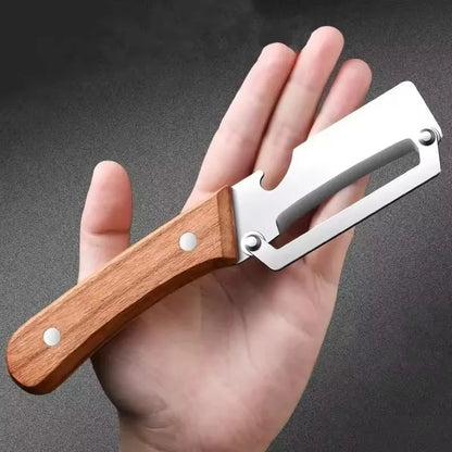 Stainless Steel Fruit and Vegetable Peeler with Wooden Handle, Built-In Bottle Opener