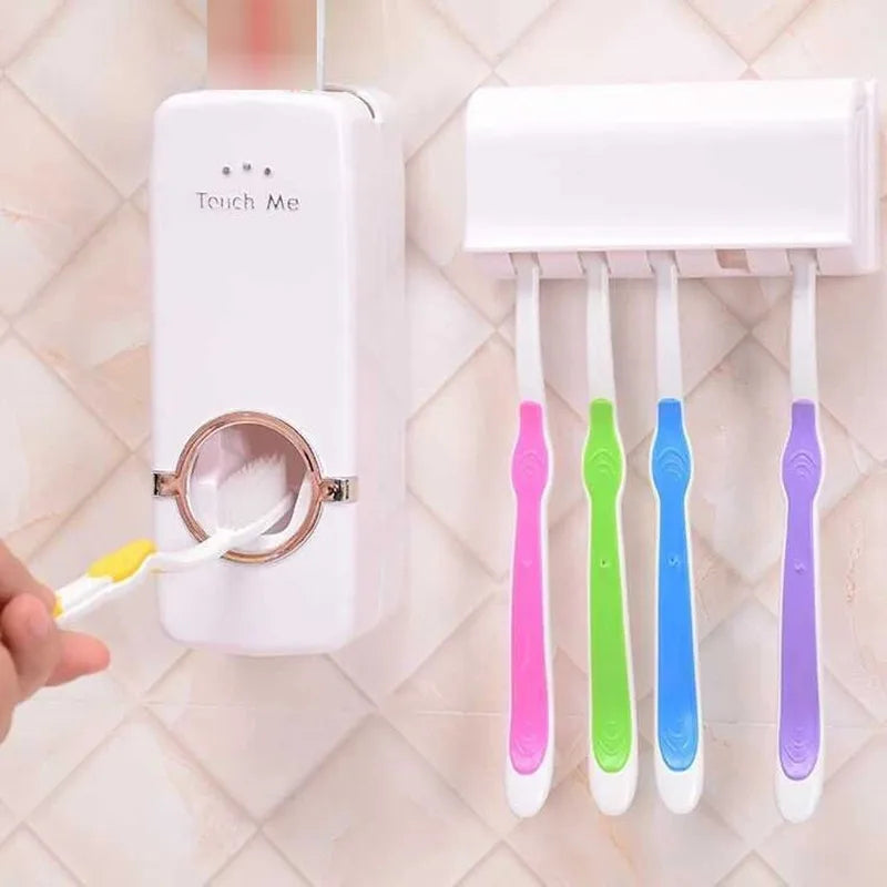 Automatic Toothpaste Dispenser with Wall Mounted Toothbrush Holder, Hands Free Toothpaste Squeezer Set