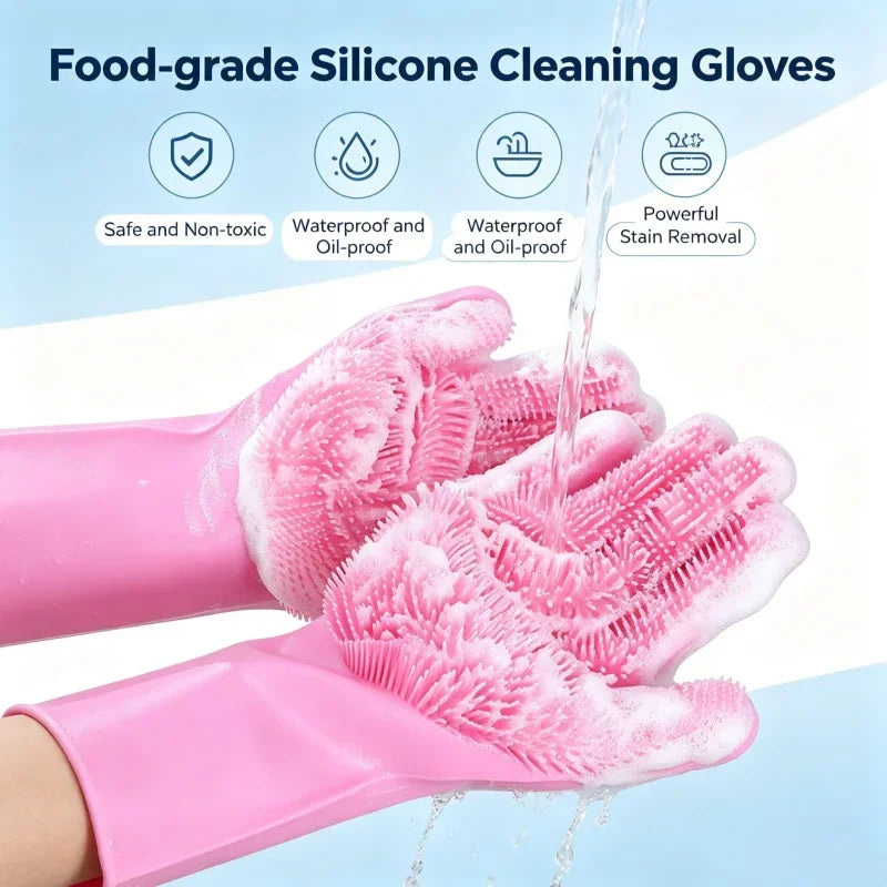 Magic Silicone Dishwashing Gloves, Reusable Scrubber Gloves for Kitchen, Pet Grooming, and Household Cleaning