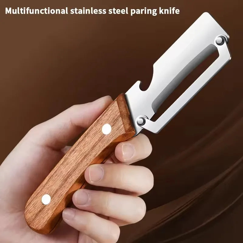 Stainless Steel Fruit and Vegetable Peeler with Wooden Handle, Built-In Bottle Opener