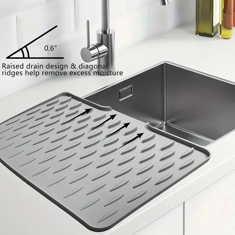 Self-Draining Silicone Dish Drying Mat, Sink Counter Drainer Tray with Automatic Drainage