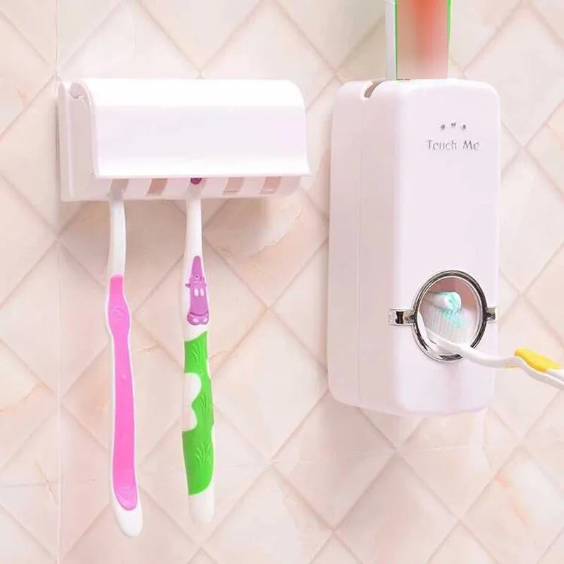Automatic Toothpaste Dispenser with Wall Mounted Toothbrush Holder, Hands Free Toothpaste Squeezer Set