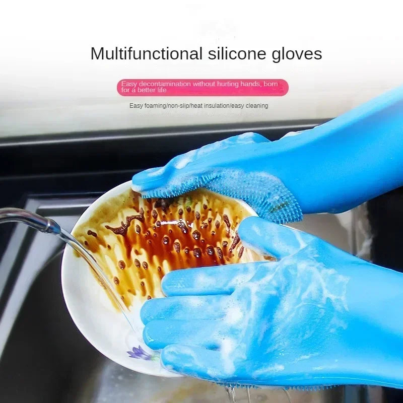 Magic Silicone Dishwashing Gloves, Reusable Scrubber Gloves for Kitchen, Pet Grooming, and Household Cleaning