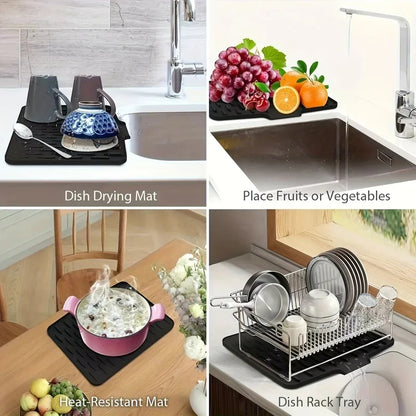 Self-Draining Silicone Dish Drying Mat, Sink Counter Drainer Tray with Automatic Drainage