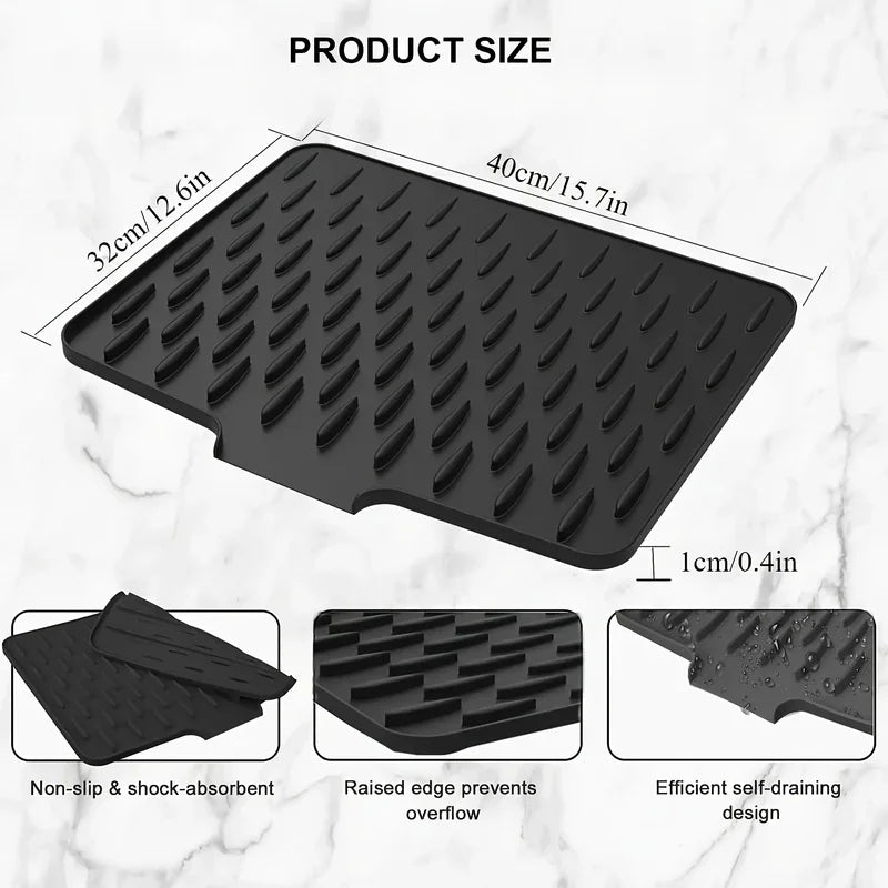 Self-Draining Silicone Dish Drying Mat, Sink Counter Drainer Tray with Automatic Drainage