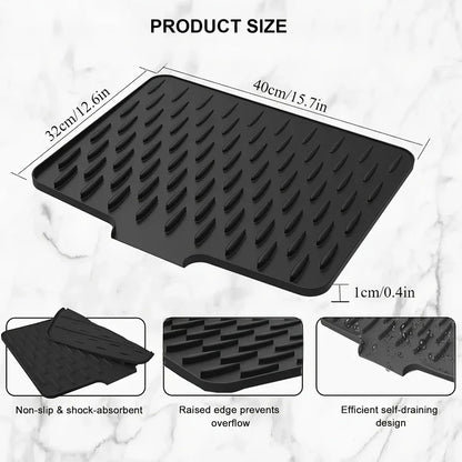Self-Draining Silicone Dish Drying Mat, Sink Counter Drainer Tray with Automatic Drainage