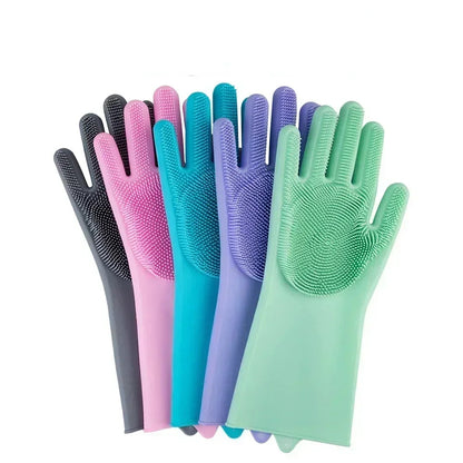 Magic Silicone Dishwashing Gloves, Reusable Scrubber Gloves for Kitchen, Pet Grooming, and Household Cleaning