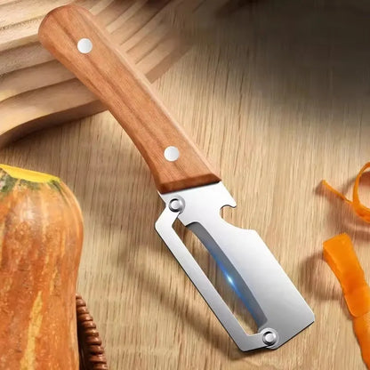 Stainless Steel Fruit and Vegetable Peeler with Wooden Handle, Built-In Bottle Opener