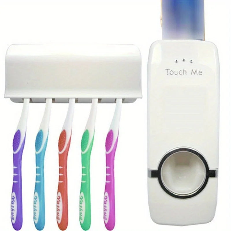 Automatic Toothpaste Dispenser with Wall Mounted Toothbrush Holder, Hands Free Toothpaste Squeezer Set