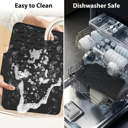 Self-Draining Silicone Dish Drying Mat, Sink Counter Drainer Tray with Automatic Drainage