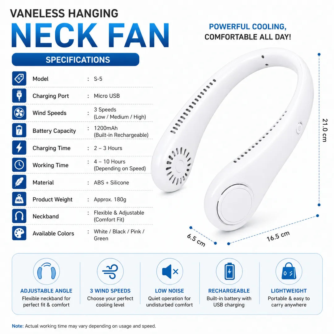 Vaneless Hanging Neck Fan, Portable Bladeless Rechargeable Wearable Cooling Fan