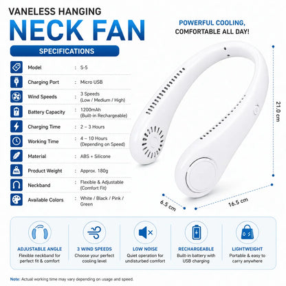 Vaneless Hanging Neck Fan, Portable Bladeless Rechargeable Wearable Cooling Fan
