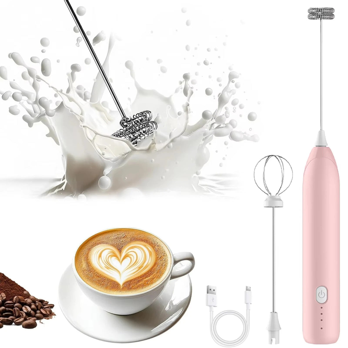 USB Speed Adjustable Milk Frother, Handheld Electric Whisk with Foam and Whisk Attachments