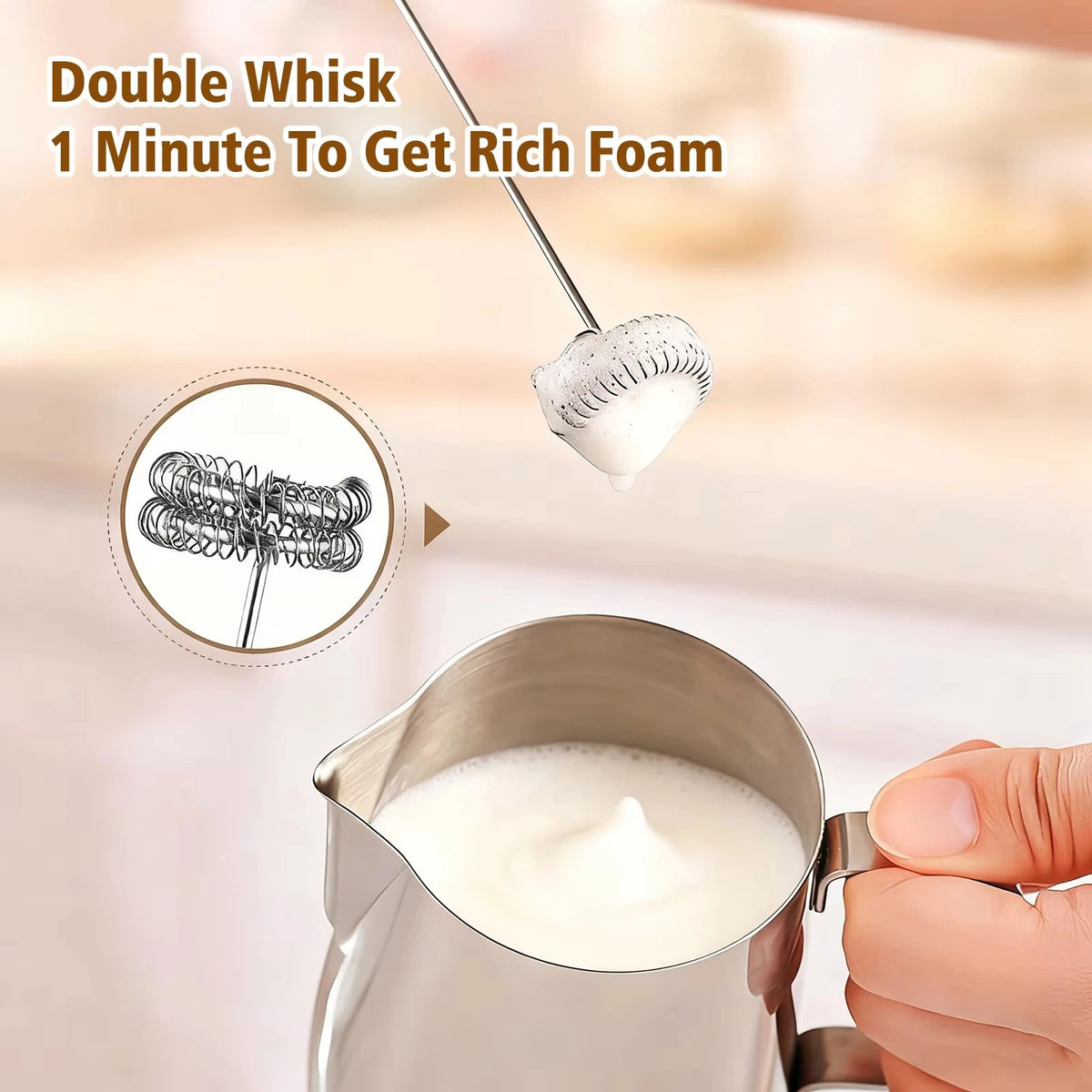 USB Speed Adjustable Milk Frother, Handheld Electric Whisk with Foam and Whisk Attachments